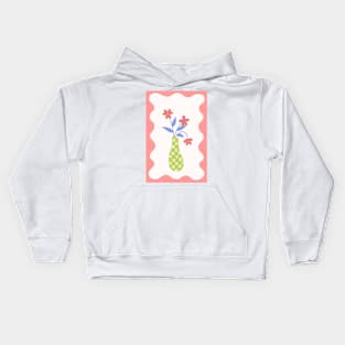 checkered lime green vase with pink flowers with squiggle frame Kids Hoodie